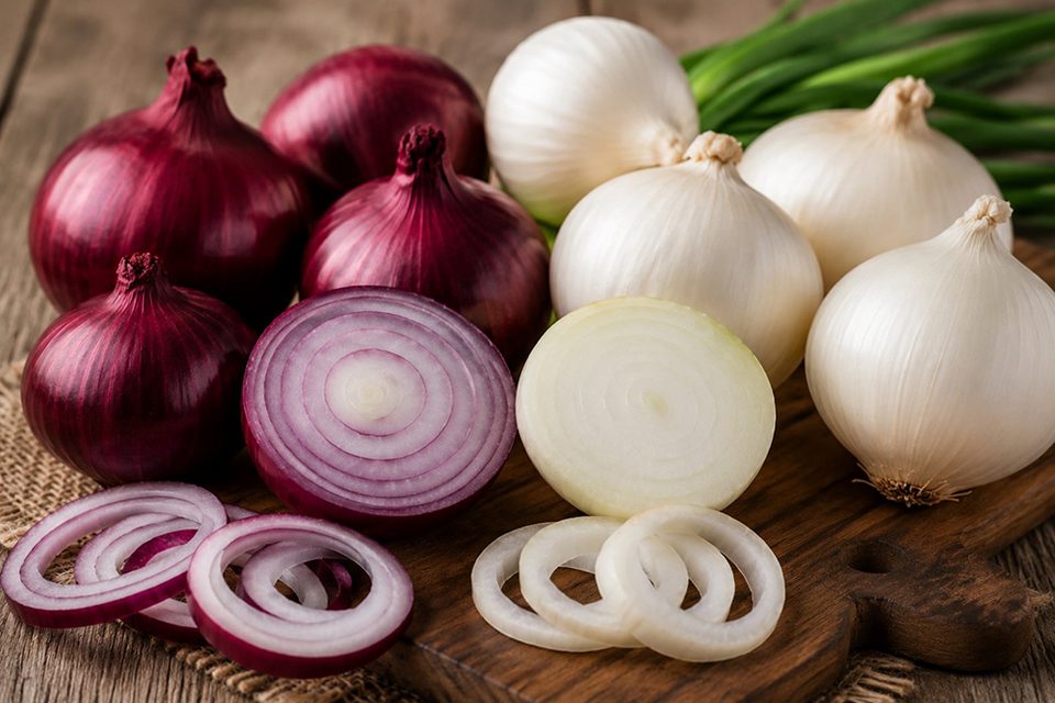Červená a bílá cibule, celé i nakrájené